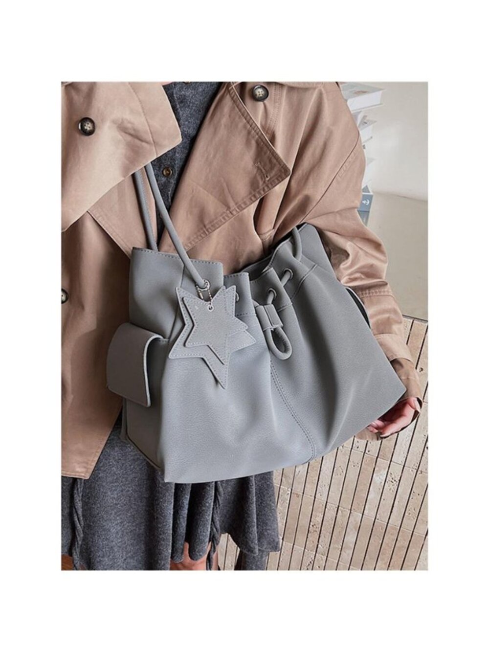Drawstring Shoulder Bag with Star Charm - Picture 3 of 4